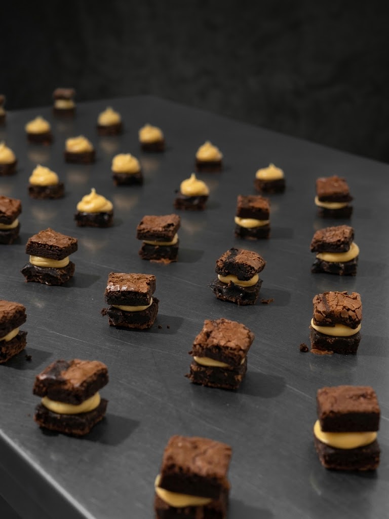 Mesa com brownies recheados de creme amarelo